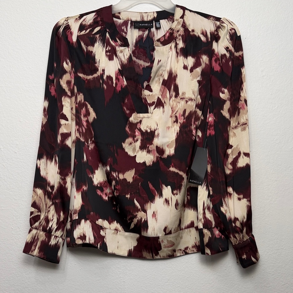 Rafaella Burgundy and Cream Patterned Long sleeve Blouse - Picture 2 of 11